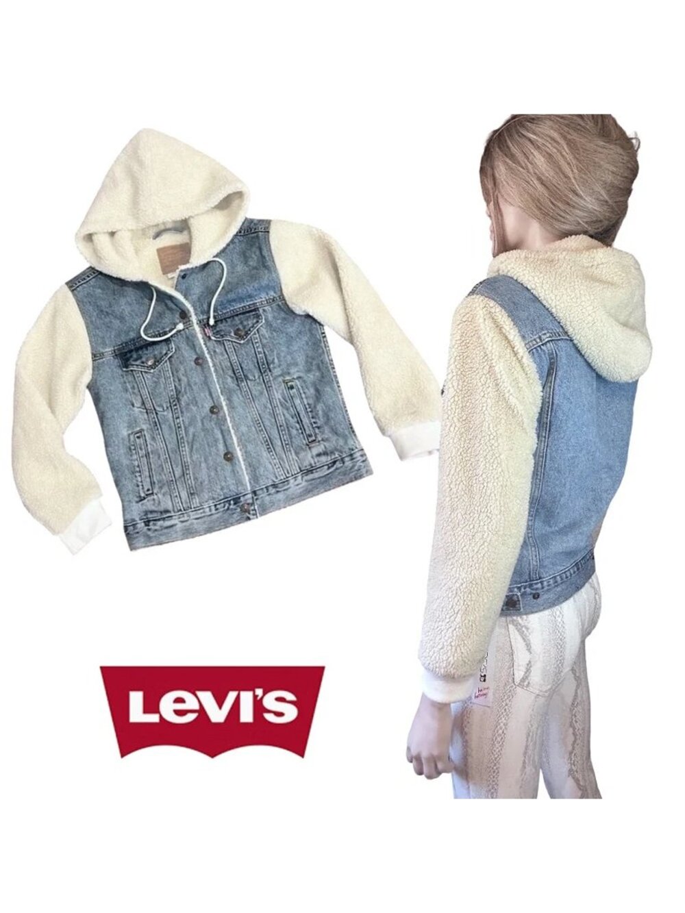 Levis Strauss Ex-Boyfriend Trucker Denim Jean Jacket Sherpa Sleeve Lining & Hood